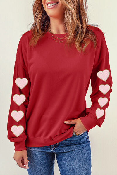 Ladies - Shirt - Heart Round Neck Dropped Shoulder Sweatshirt