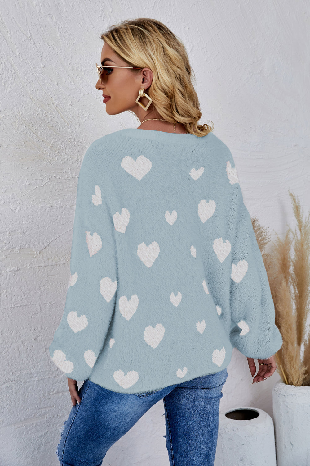 LADIES--HEART Fuzzy, Fun and Beautiful Sweater, Heart Print, Crewneck Long Sleeve Sweater