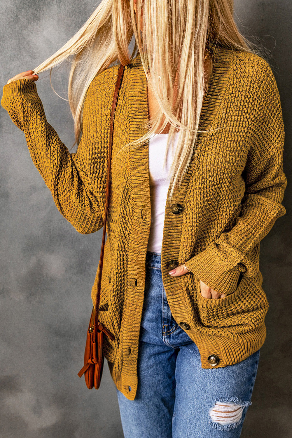 LADIES--Comfy Sweater--Drop Shoulder Button Down Pocketed Cardigan