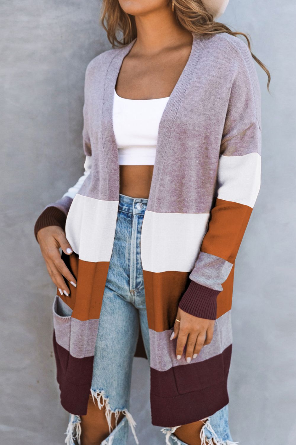 LADIES--Color Block, Open Front, Ribbed Knit, Cuff, Long Cardigan with Pockets