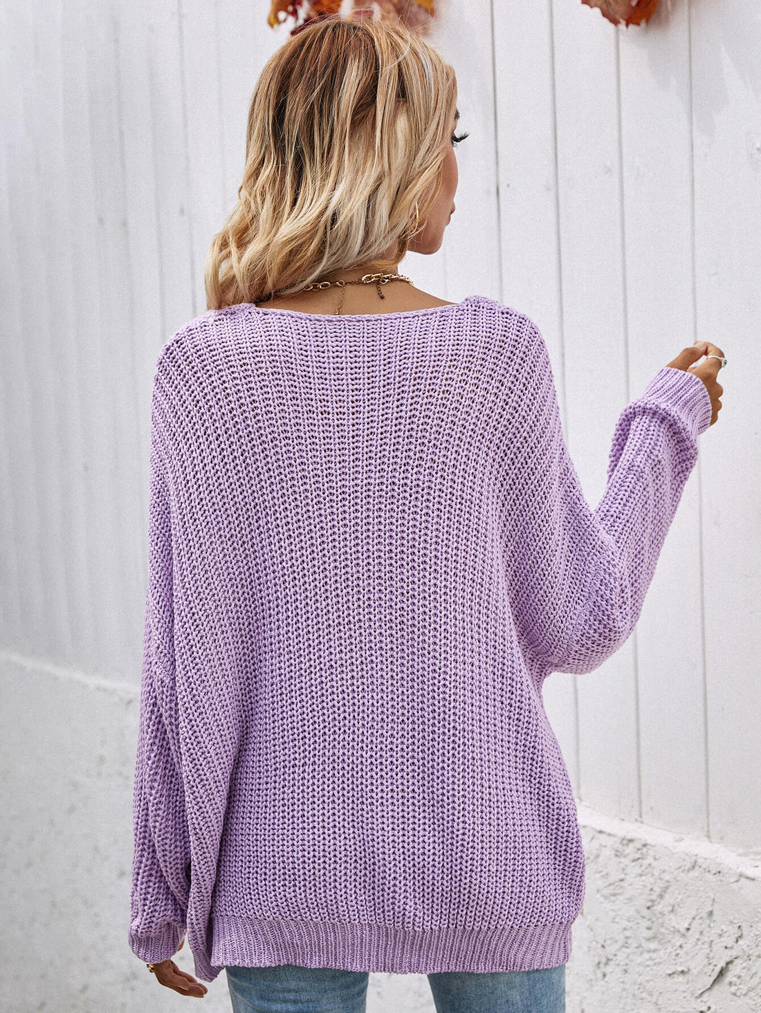 LADIES--Rib-Knit Drop Shoulder V-Neck Pullover Sweater