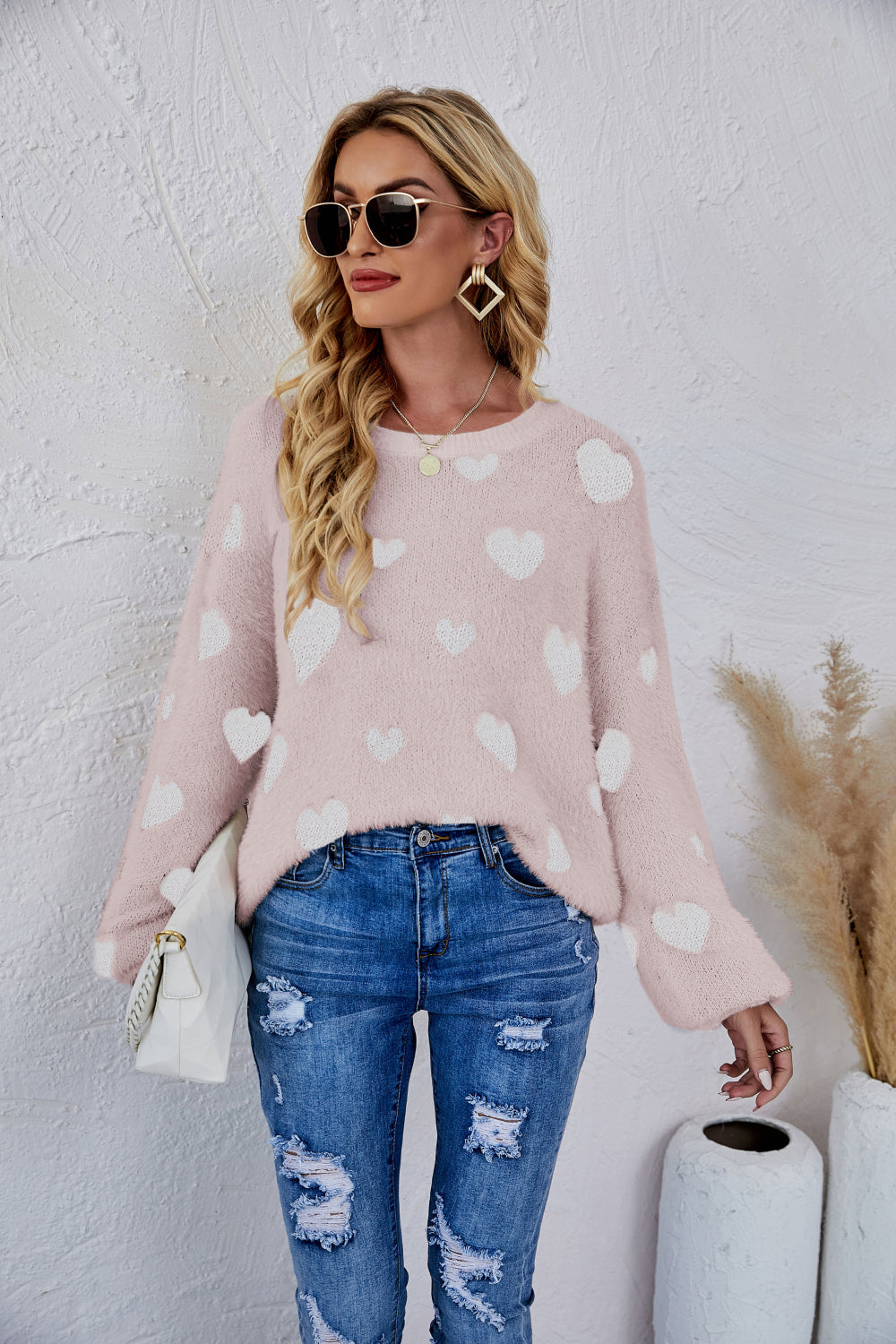 LADIES--HEART Fuzzy, Fun and Beautiful Sweater, Heart Print, Crewneck Long Sleeve Sweater