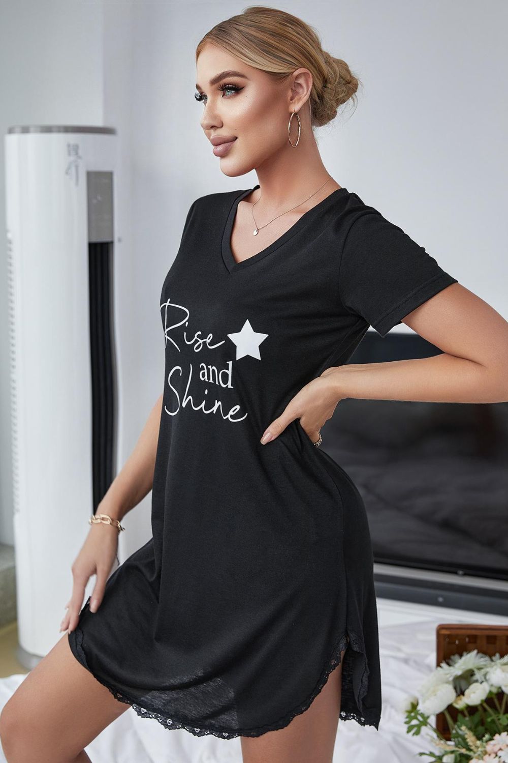 LADIES--Lounge in Style, Fun T-Shirt Dress--"RISE AND SHINE", Contrast Lace V-Neck T-Shirt Dress