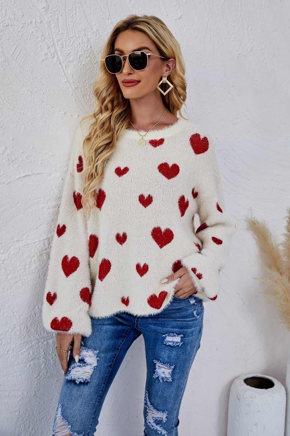 LADIES--HEART Fuzzy, Fun and Beautiful Sweater, Heart Print, Crewneck Long Sleeve Sweater