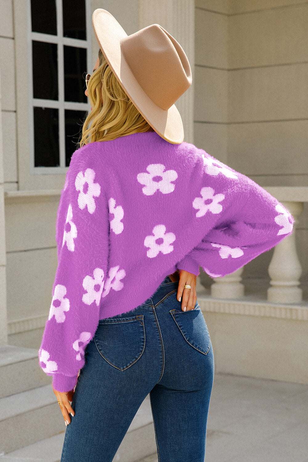 LADIES--SWEATER—Floral Open Front Fuzzy Cardigan—  Make your own statement
