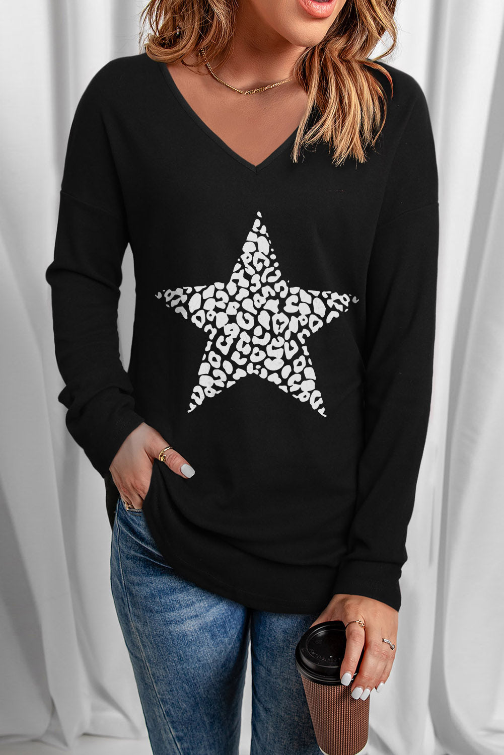 LADIES--You Deserve a STAR!! Leopard Star Graphic V-Neck Top