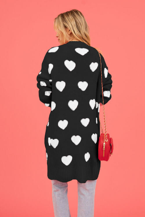 Ladies -- Long Sweater with Hearts - Open Front Cardigan with Pockets