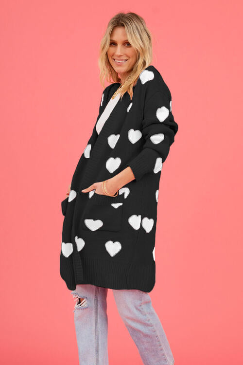 Ladies -- Long Sweater with Hearts - Open Front Cardigan with Pockets