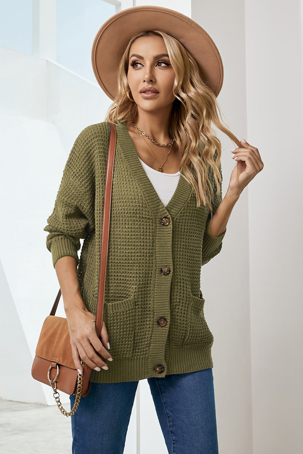 LADIES--Comfy Sweater--Drop Shoulder Button Down Pocketed Cardigan