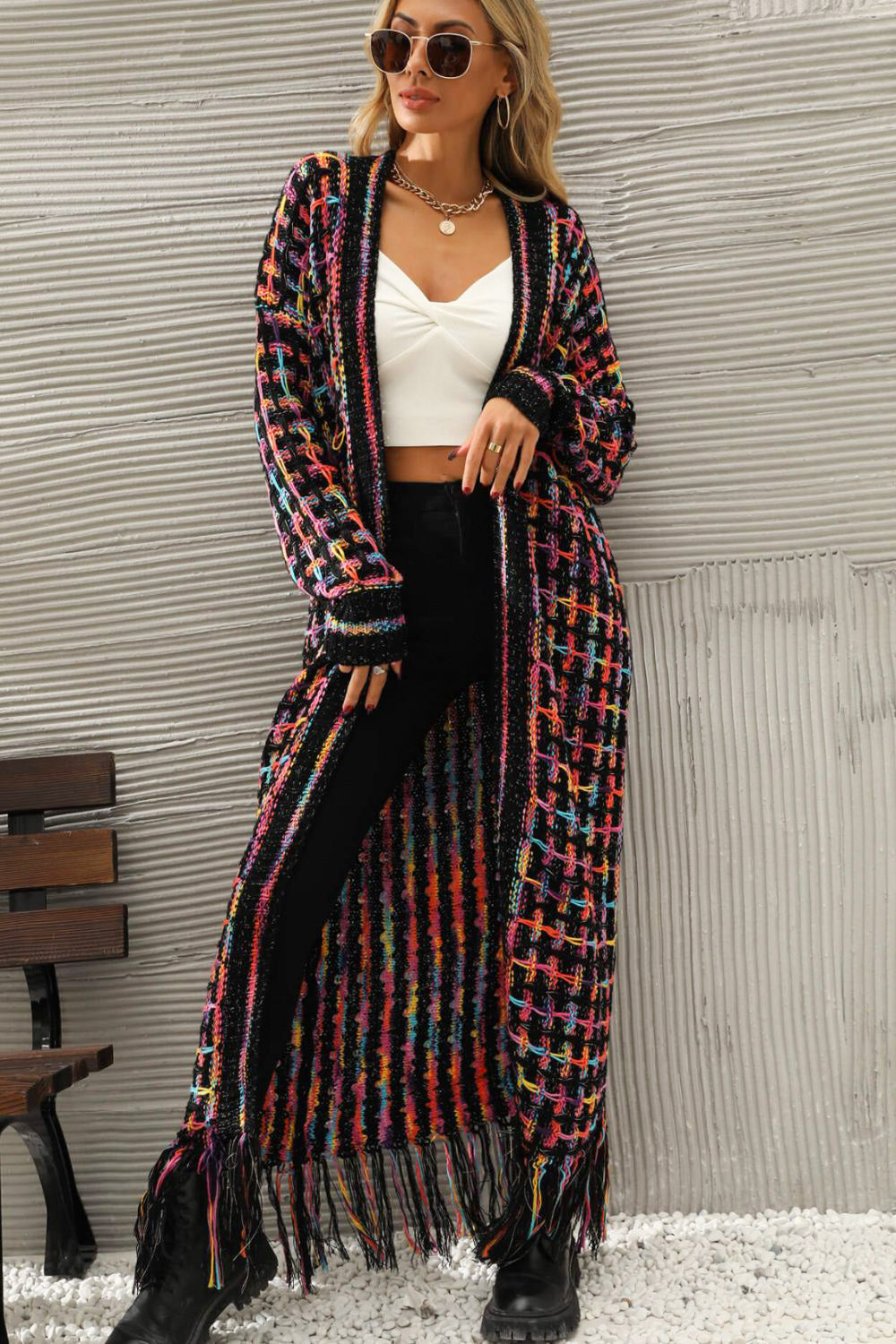 LADIES--Multicolored, Open Front, Fringed Hem, Long Cardigan