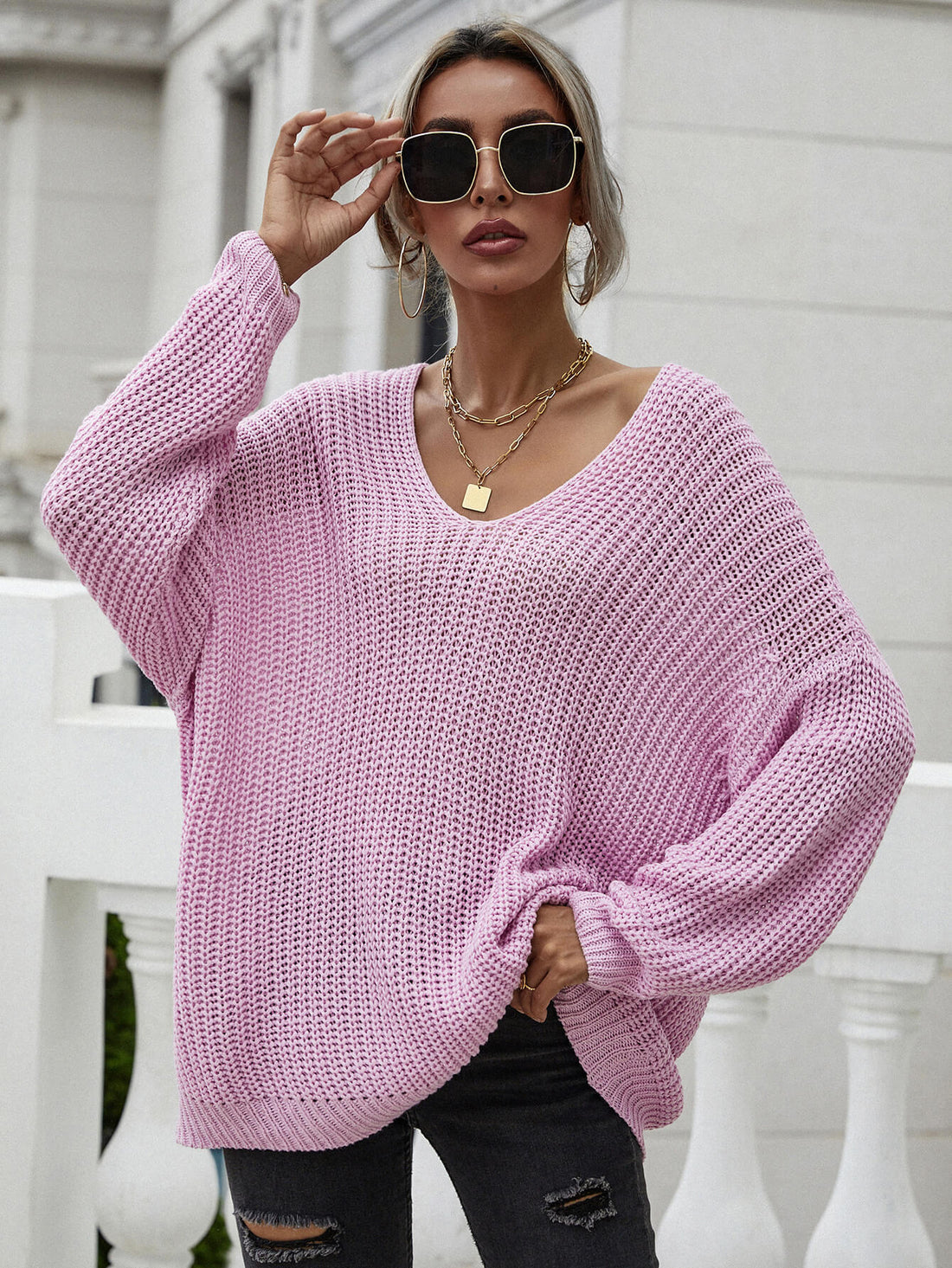 LADIES--Rib-Knit Drop Shoulder V-Neck Pullover Sweater