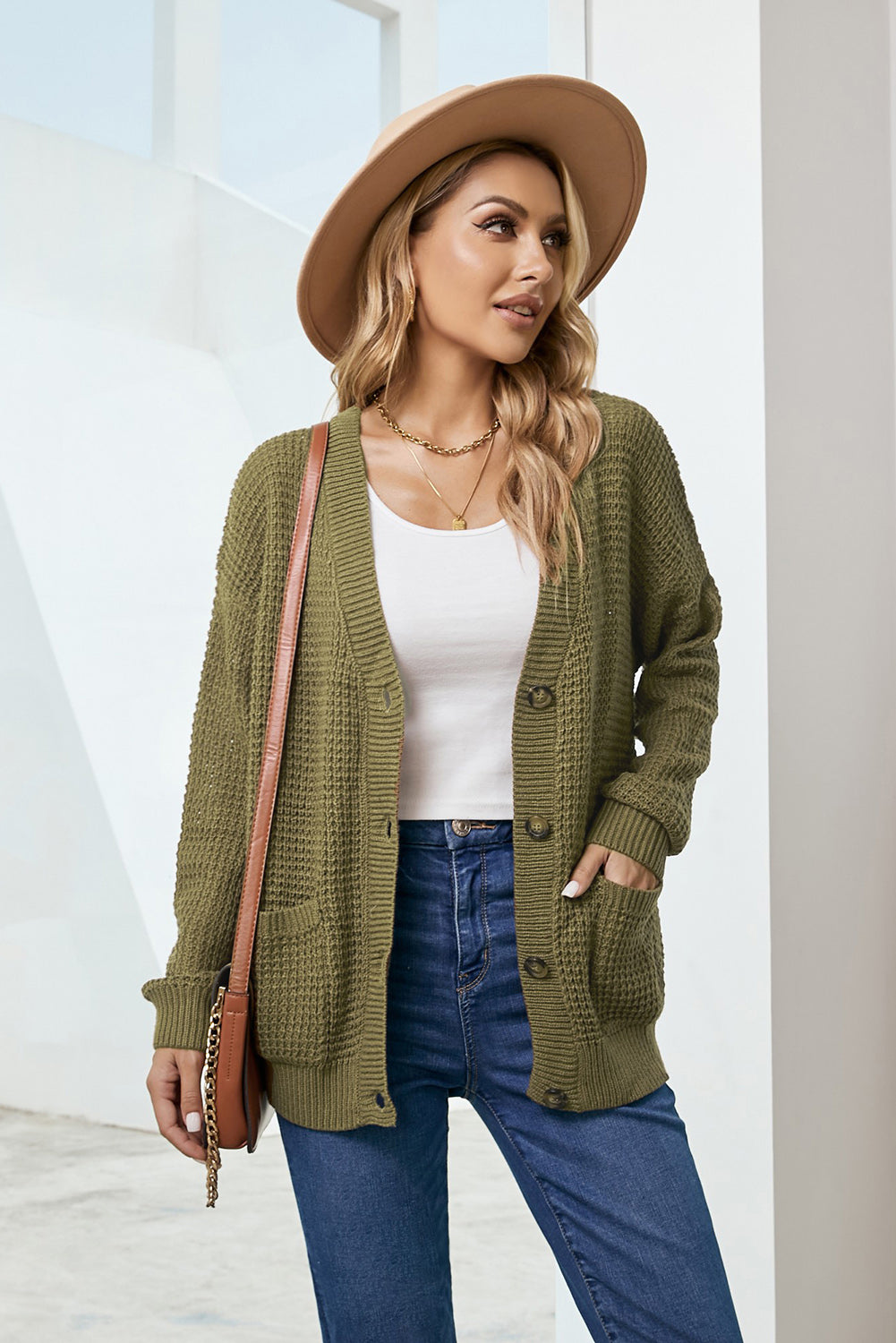 LADIES--Comfy Sweater--Drop Shoulder Button Down Pocketed Cardigan