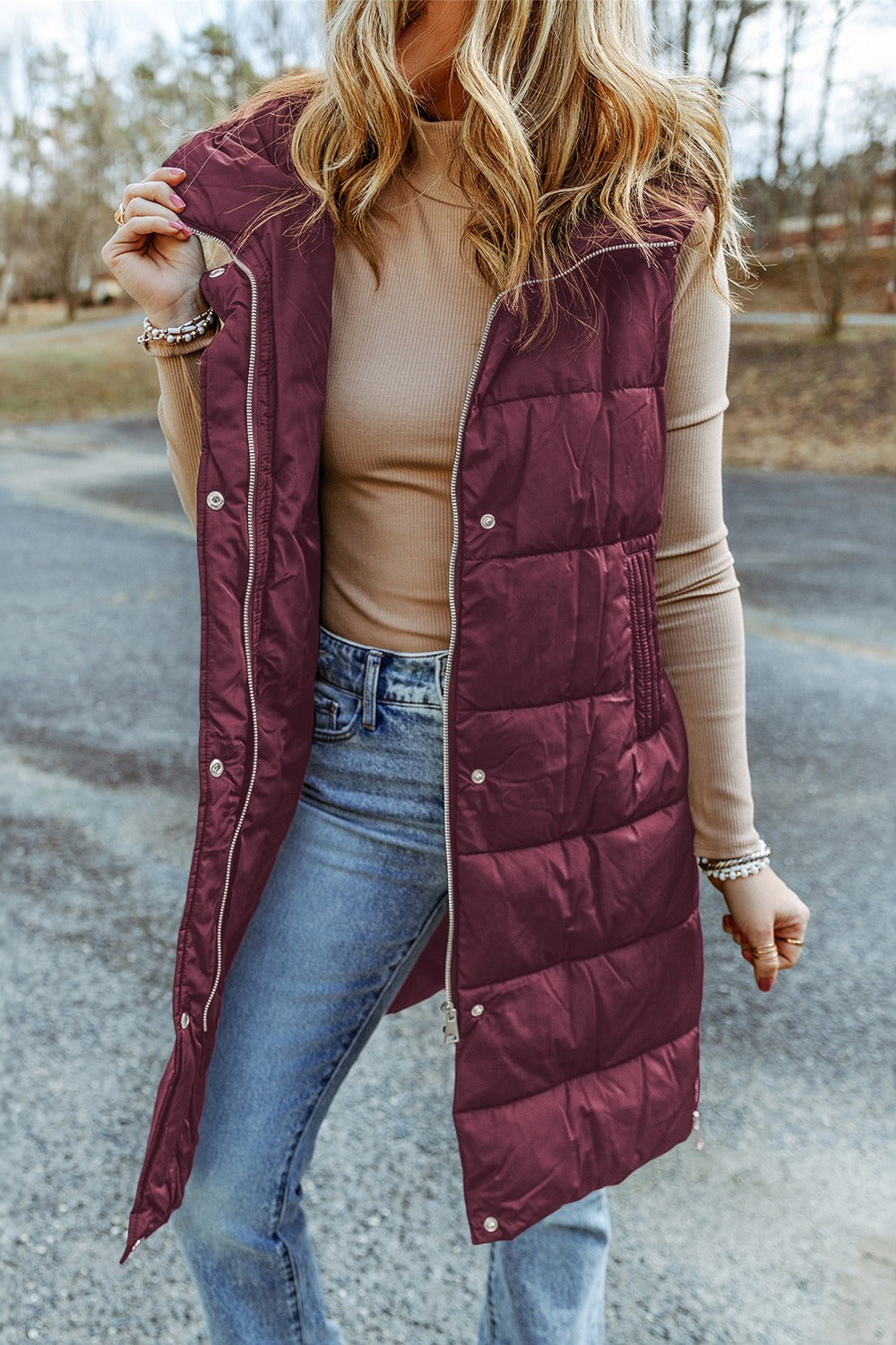 Ladies -- Long Vest/Coat -- Long Hooded Sleeveless Puffer Vest