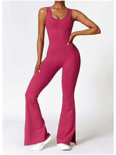 Ladies - Bodysuit - Wide Strap Bootcut Slit Active Jumpsuit