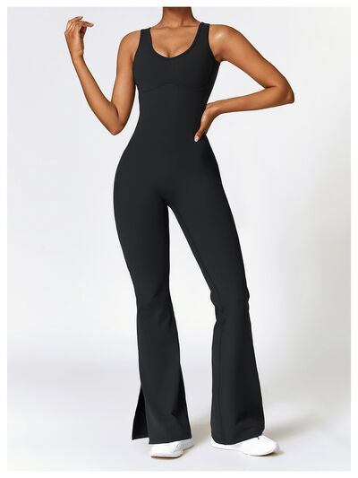 Ladies - Bodysuit - Wide Strap Bootcut Slit Active Jumpsuit