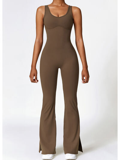 Ladies - Bodysuit - Wide Strap Bootcut Slit Active Jumpsuit