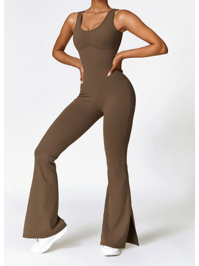 Ladies - Bodysuit - Wide Strap Bootcut Slit Active Jumpsuit