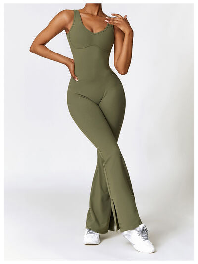 Ladies - Bodysuit - Wide Strap Bootcut Slit Active Jumpsuit