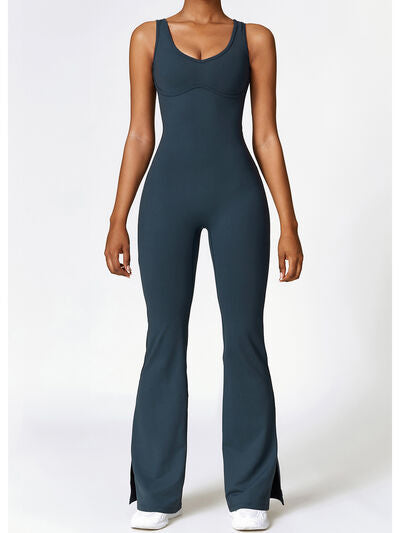 Ladies - Bodysuit - Wide Strap Bootcut Slit Active Jumpsuit