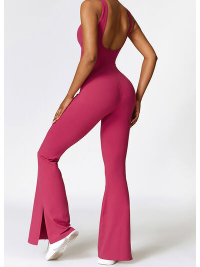 Ladies - Bodysuit - Wide Strap Bootcut Slit Active Jumpsuit