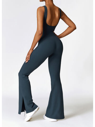 Ladies - Bodysuit - Wide Strap Bootcut Slit Active Jumpsuit