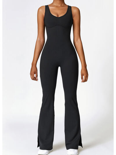 Ladies - Bodysuit - Wide Strap Bootcut Slit Active Jumpsuit