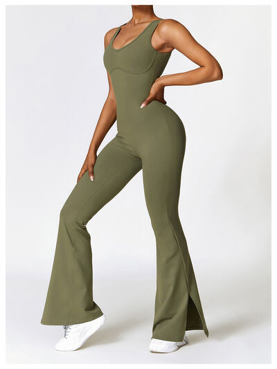 Ladies - Bodysuit - Wide Strap Bootcut Slit Active Jumpsuit