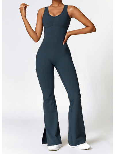 Ladies - Bodysuit - Wide Strap Bootcut Slit Active Jumpsuit