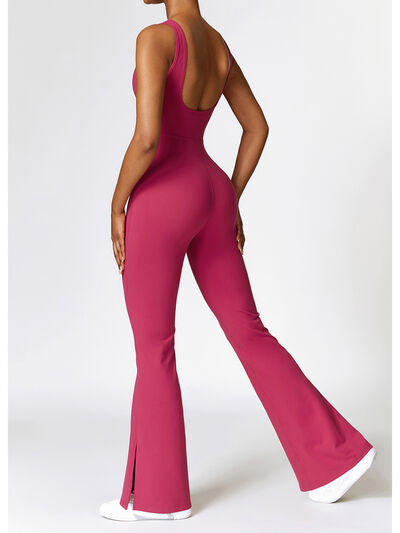 Ladies - Bodysuit - Wide Strap Bootcut Slit Active Jumpsuit