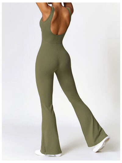 Ladies - Bodysuit - Wide Strap Bootcut Slit Active Jumpsuit