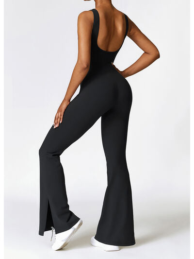 Ladies - Bodysuit - Wide Strap Bootcut Slit Active Jumpsuit