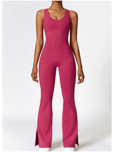 Ladies - Bodysuit - Wide Strap Bootcut Slit Active Jumpsuit