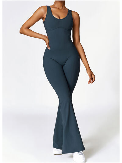 Ladies - Bodysuit - Wide Strap Bootcut Slit Active Jumpsuit