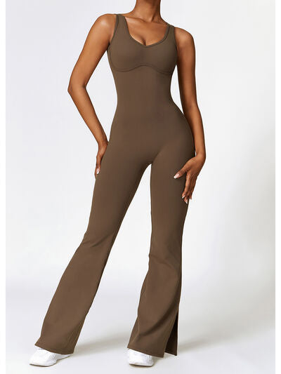 Ladies - Bodysuit - Wide Strap Bootcut Slit Active Jumpsuit