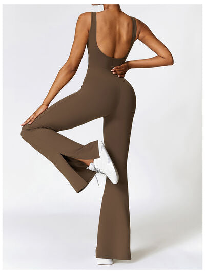 Ladies - Bodysuit - Wide Strap Bootcut Slit Active Jumpsuit